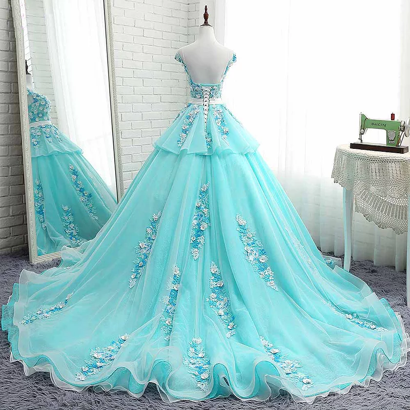 Scoop Cap Mangas Tiffany Blue Lace Long Evening Prom Vestidos, Cheap Custom Sweet 16 Vestidos, 18522