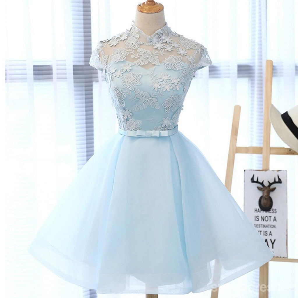 High Neckline Light Blue Cute Homecoming Prom Dresses, Affordable Sweet 16 Dresses, CM331
