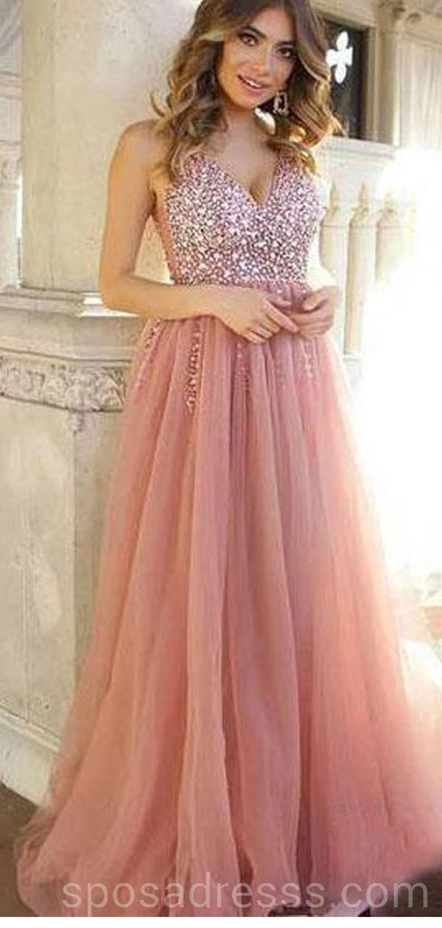 Empoeirado rosa decote em v frisado longos vestidos de baile, barato personalizado doce 16 vestidos, 18559