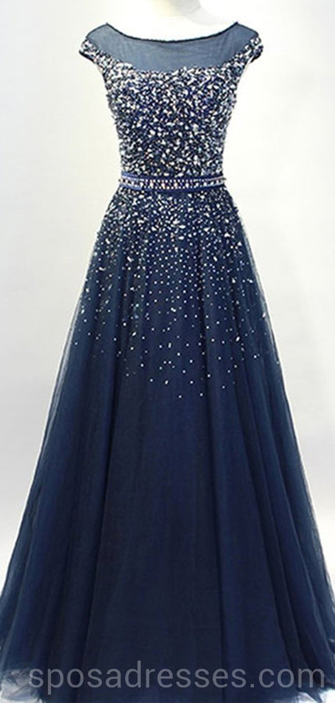 Cap Sleeves Navy Tulle Beaded Long Evening Prom Dresses, Cheap Custom Party Prom Dresses, 18586