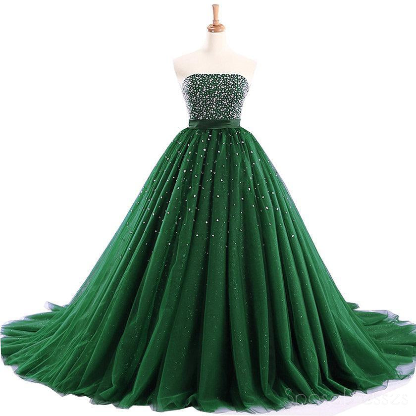 Tule verde-esmeralda sem tiras enfeitado com contas alinha vestidos de baile para os estudantes da tarde baratos, 16 vestidos doces, 17494