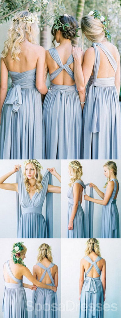 Alta qualidade de tecido jérsei azul simples convertível costume feito à mão faz comprimento do soalho vestidos de dama de honra baratos, WG80