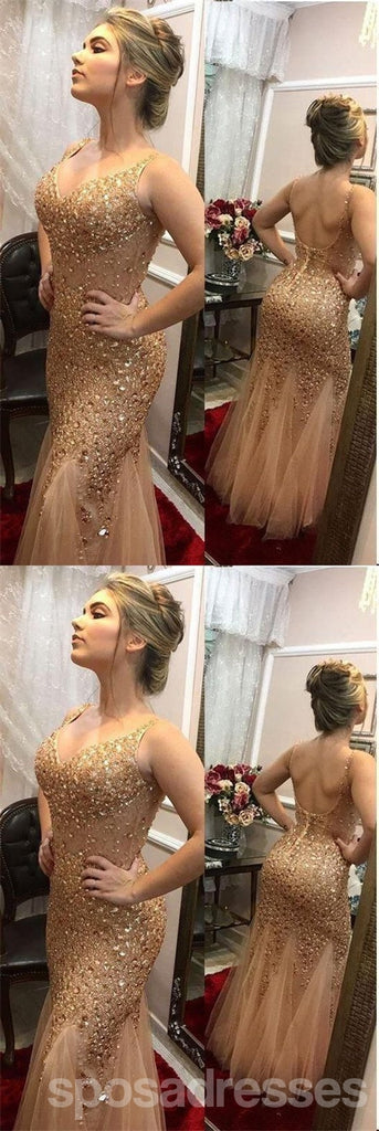 Sparkly Mermaid Gold Straps V-neck Long Prom Dresses Online,12624