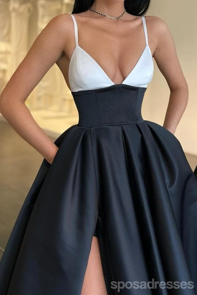 Simple Black A-line V-neck Spaghetti Straps High Slit  Long Prom Dresses Online,12722