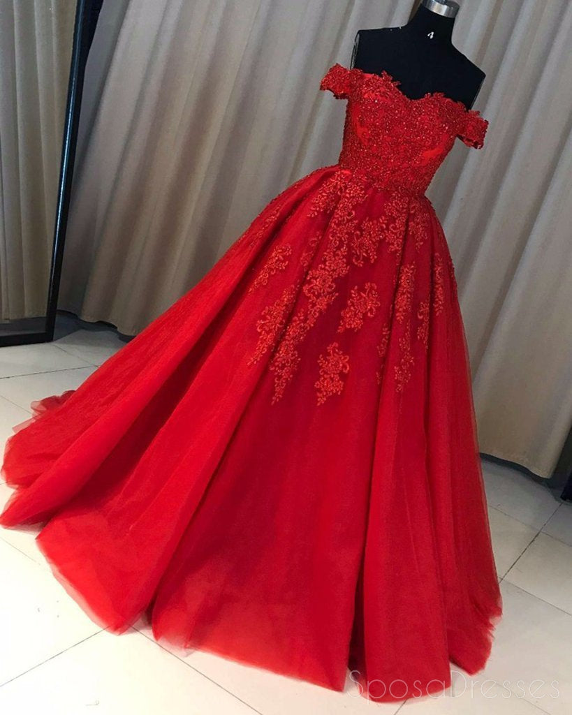 Off Shoulder Red Lace A-line Cheap Evening Prom Dresses, Sweet 16 Dresses, 17501