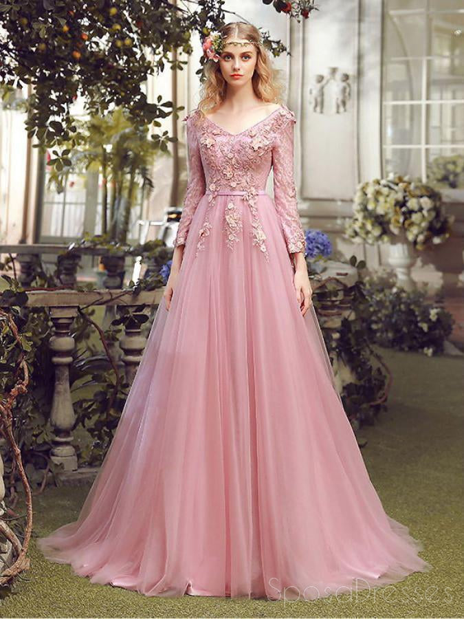 Μακρύ Μανίκι με Ροζ Δαντέλα Μια γραμμή Μακρύ Βράδυ Φορέματα Prom, τη Δημοφιλή Φτηνή Καιρό 2018 Κόμμα Φορέματα Prom, 17310
