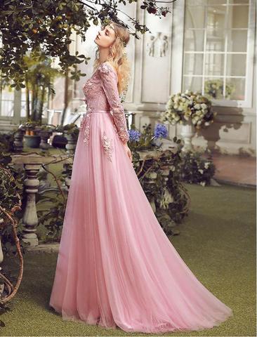 Μακρύ Μανίκι με Ροζ Δαντέλα Μια γραμμή Μακρύ Βράδυ Φορέματα Prom, τη Δημοφιλή Φτηνή Καιρό 2018 Κόμμα Φορέματα Prom, 17310