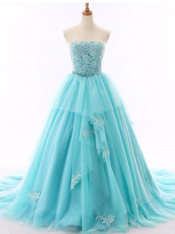 Tiffany Blue A-line Lace Cheap Long Evening Prom Dresses, Cheap Custom Sweet 16 Vestidos, 18516