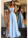 Cap Sleeves Side Slit Querida Blue Long Evening Prom Dresses, Cheap Sweet 16 Vestidos, 18382