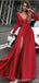 Red A-line Long Sleeves V-neck High Slit Cheap Long Prom Dresses Online,12792
