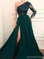 Emerald Green A-line Long Sleeves One Shoulder High Slit Prom Dresses Online,12729