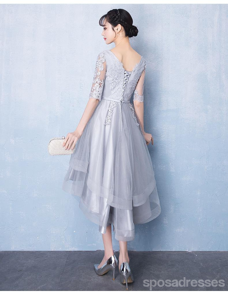 Long Sleeves High Low Grey Lace Cheap Homecoming Dresses Online, CM693