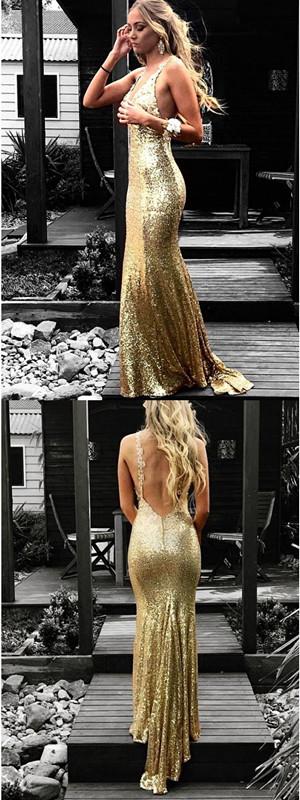 Sexy Gold Mermaid V-neck Backless Cheap Long Prom Dresses Online,12602