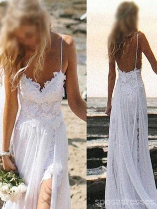 Απλό Σπαγγέτι Λευκό Lace Πλευρά Σχισμή του Γάμου Φορέματα Για το Γάμο στην Παραλία, WD0047