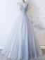 Off ώμου ανοιχτό μπλε τούλι A-line μακρά βραδινά φορέματα Prom, φθηνά φορέματα Custom Party Prom, 18626