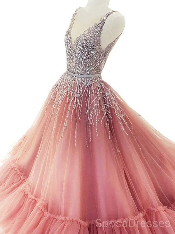 V Neck Sparkly Tulle A-line Peach Long Evening Prom Dresses, Cheap Custom Sweet 16 Dresses, 18506