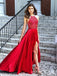 Bright Red Halter Side Slit Beaded Evening Prom Vestidos, Cheap Custom Sweet 16 Vestidos, 18480