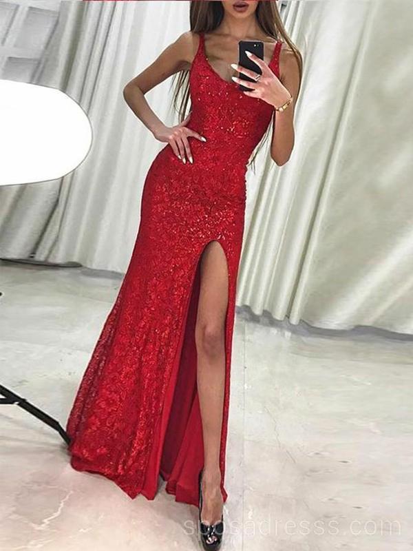 Σέξυ Sparkly Red Mermaid Side Slit Long Evening Prom Dresses, Cheap Custom Sweet 16 Dresses, 18548