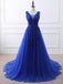 Royal Blue V Lace Lace Beaded Applique Long Evening Prom Φορέματα, Φτηνές Γλυκά 16 Φορέματα, 18426