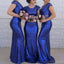 Mangas curtas azul royal sereia baratos longos vestidos de dama de honra on-line, WG252