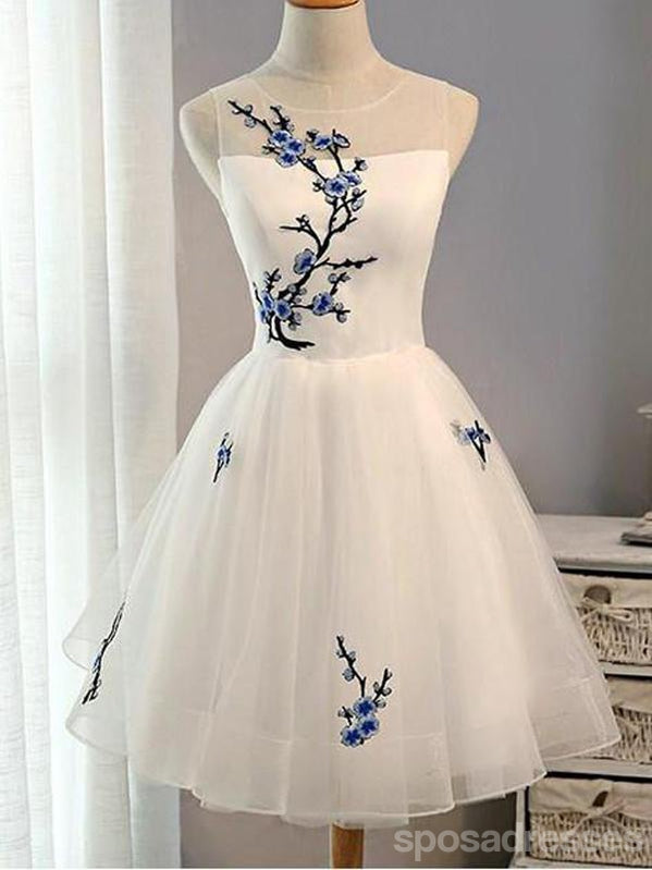 Χαριτωμένο Απλικέ Λευκό Short Homecoming Prom Φορέματα Φθηνά Γλυκό 16 Φορέματα, CM359