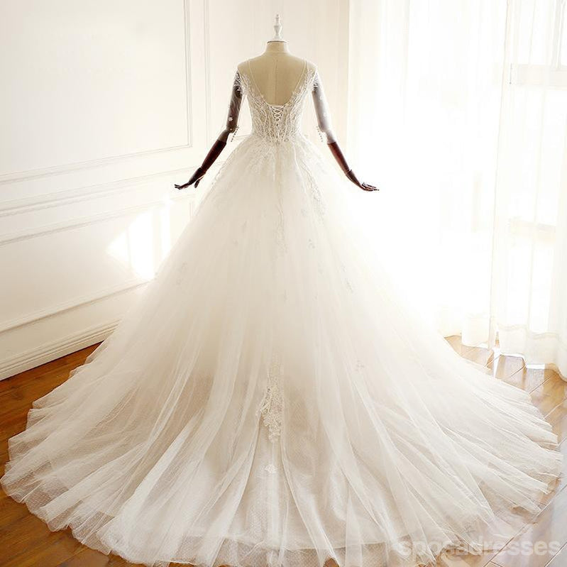 Long Sleeve V Neck Lace Long Cheap Custom Wedding Dresses, WD295